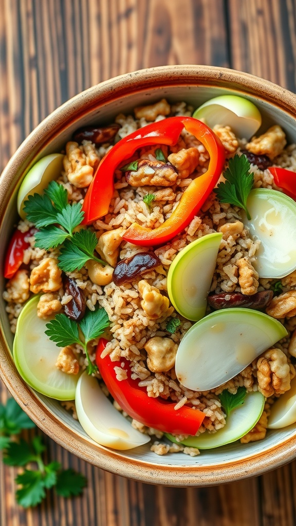 A colorful brown rice and Belgian endive salad with bell pepper and walnuts, garnished with parsley, displayed in a rustic bowl.